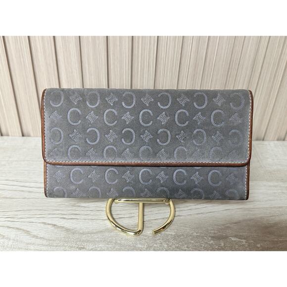 Authentic CELINE C Gray Suede / Leather Long Wallet - Picture 1 of 16